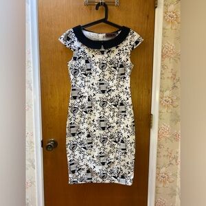 Voodoo Vixen Birdcage Dress Black and White Pencil Dress Peter Pan collar